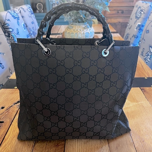 Gucci tote canvas logo bamboo handle authenticated - Picture 1 of 16